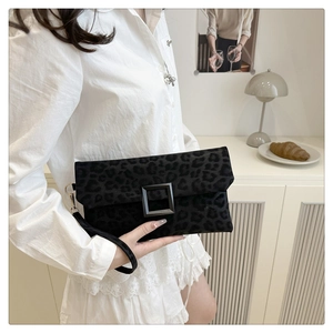 Fashionable black leopard print clutch bag with suede texture and square buckle detail