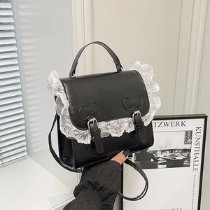 Borsa vintage in pelle PU nera con bordo in pizzo bianco e rilievo a fiocco a mano