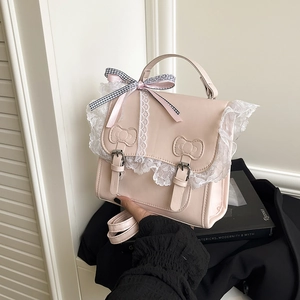 Borsa a tracolla Lolita in pelle PU rosa con bordo in pizzo e fiocco in nastro