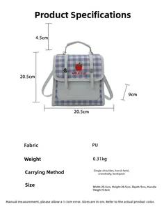 Blue plaid PU mini backpack with apple embroidery and multi-way shoulder straps