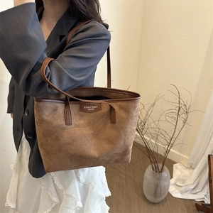 Retro brown suede tote bag for women, large capacity shoulder bag for office or campus