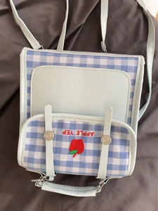 Light blue plaid mini backpack with red apple embroidery and top handle for women