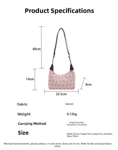 Detailed size chart for pink patterned crossbody bag with strap and body dimensions