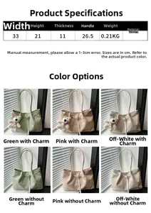 Detailed size chart for woven tote bag showing 33x21x11cm dimensions and color options