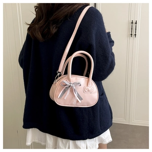 Bolso tipo bowling rosa con lazo y encaje, diseño de mano para compras diarias