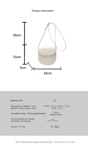 Size guide for white PU saddle bag showing dimensions and adjustable strap detail