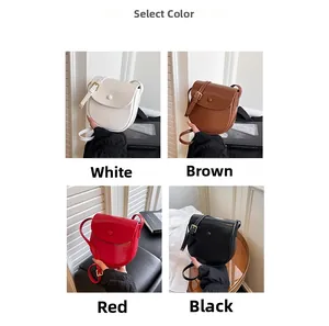 Detailed color selection showing saddle bags in white, brown, red, and black PU leather