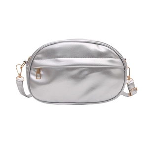 Silver metallic crossbody bag with golden zipper and adjustable shoulder strap