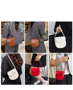 Collage of women's vintage saddle bag shown in brown, white, and red across various angles