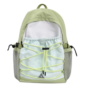 Fashionable outdoor canvas backpack with green and white color block and elastic cord