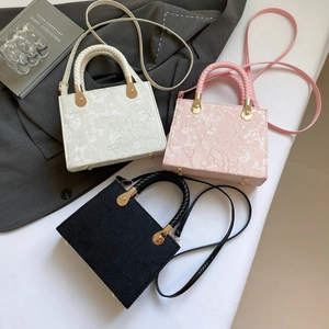 Women Crossbody Bag Floral Embossed PU Leather Handbag Woven Handle Elegant Small Square Shoulder Bag Vintage Style