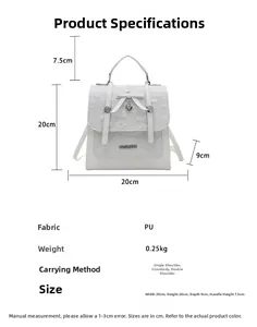 White PU backpack with floral texture, heart charm, and precise 20cm x 20cm x 9cm dimensions