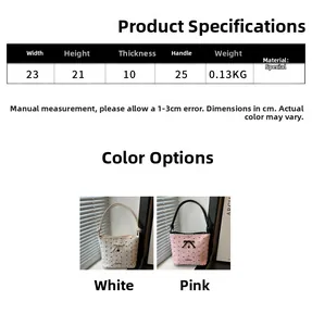 Detailed size specifications for women's bow shoulder bag in white and pink options