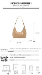 Detailed size chart of the khaki patent leather crescent bag showing 20.5cm width dimensions