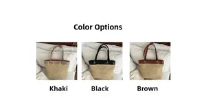 Detailed comparison of khaki, black, and brown woven tote bags in summer straw material