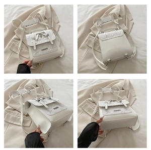 Detailed four-way view of white mini backpack with lace flowers and metal logo