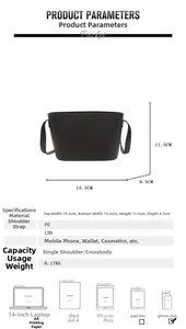 Size chart for the small PU crossbody bag with dimensions and capacity reference