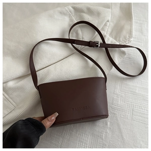 Detail shot of a dark brown crossbody bucket bag with adjustable silver metal buckles