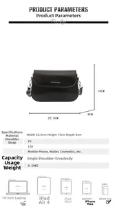 Detailed size specifications for minimalist black PU leather saddle crossbody bag