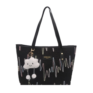 Large black canvas tote bag with colorful wave embroidery and white cloud pendant