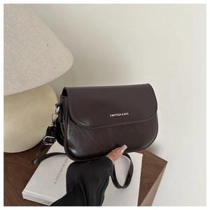 Detail of dark brown glossy shoulder bag with silver buckles and elegant lettering