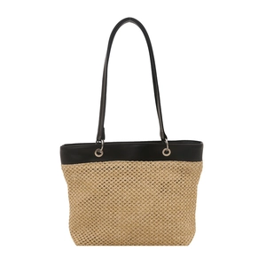 Minimalist straw woven tote bag with black leather straps for summer beach or commute