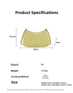 Detaillierte Größenangaben für die gelbe PU-Hobo-Tasche mit 110 cm langem Schultergurt