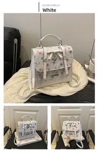 Detail of white leather backpack featuring lace overlay, floral print and heart charm
