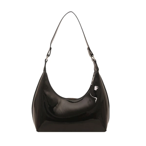 Minimalist black patent leather hobo shoulder bag with high-gloss finish and silver hardware