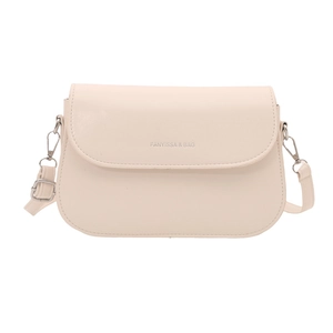 Minimalist beige leather crossbody saddle bag with adjustable strap and silver logo detail