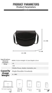 Detailed dimensions of the black PU saddle bag with 18.5x15.5x6.5cm size chart