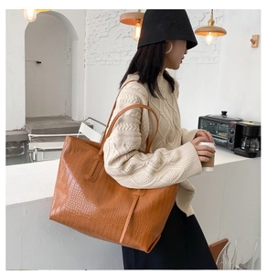 Close-up of caramel brown tote bag with premium crocodile pattern and large capacity
