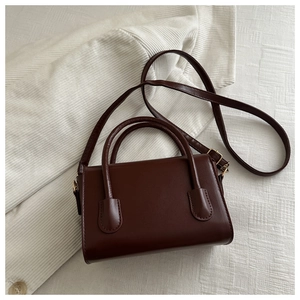 Detail view of smooth leather surface and gold hardware on dark brown square handbag