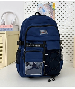 Détail du sac à dos scolaire ergonomique bleu marine avec fenêtre et cordons