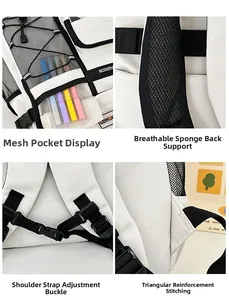 Détails du rembourrage en maille respirante et des bretelles renforcées du sac à dos blanc