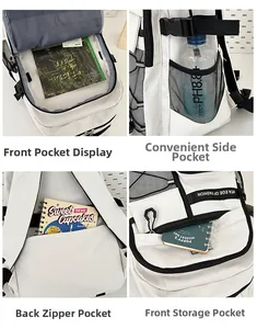 Détail du sac à dos blanc montrant les poches avant, le filet latéral et la poche arrière