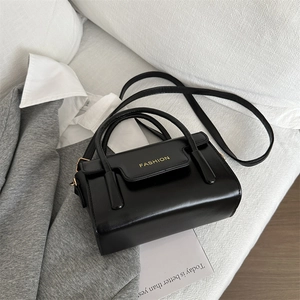 Retro black leather square crossbody bag with gold fashion text and top handles