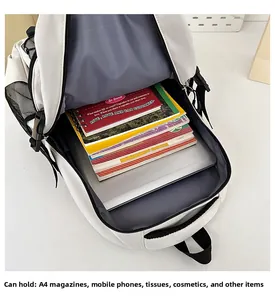 Compartiment principal du sac à dos blanc ergonomique contenant ordinateur et revues A4