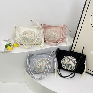 Borsa Tracolla Stile Cinese Donna Ricamo Floreale Tessuto Raso Decorazione Nappa Tracolla Con Nodo Elegante Borsa Mano Retrò