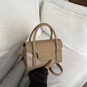 Retro khaki mini crossbody square bag with golden fashion text and top handles