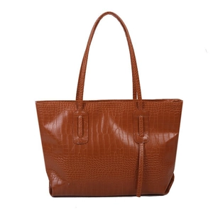Caramel brown crocodile embossed leather tote bag with large capacity and long handles