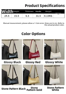 Detailed sizing chart and specifications for the minimalist PU leather baguette shoulder bag