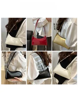 Multiple views of mini baguette shoulder bags in crocodile pattern and glossy faux leather
