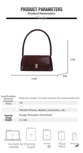 Dimensions détaillées et comparaison de taille du sac baguette en cuir PU marron foncé