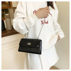 Detail of black crocodile pattern shoulder bag with silver chain strap and turn-lock