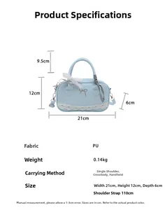 Size chart and dimensions for the light blue PU leather bowling bag with lace trim