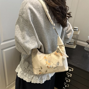 New Chinese style shoulder bag with floral bird embroidery in ivory silk satin