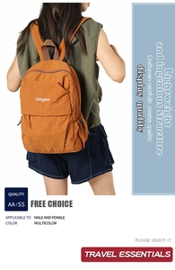 Rear view of an orange nylon travel backpack featuring adjustable straps and lightweight design