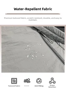 Close-up of waterproof grey fabric showing lotus leaf water-repellent and anti-scratch details