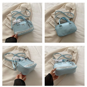 Detailed four-angle view of light blue bow handbag with lace edges and plaid ribbon